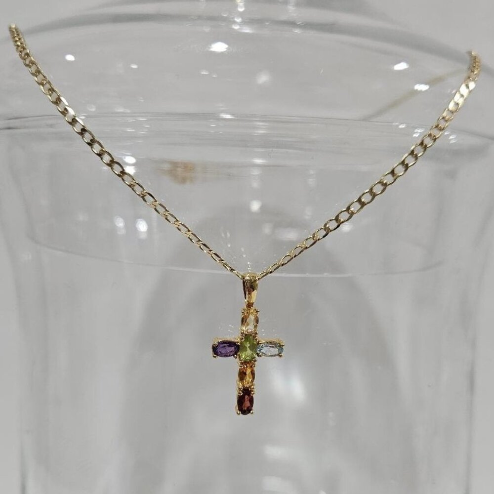 SMALL MULTICOLOR SIMULATED SEMIPRECIOUS GEMSTONE CROSS PENDANT NECKLACE